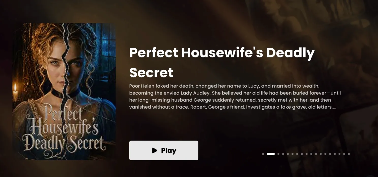 AltaTV web landing page for “Perfect Housewife’s Deadly Secret,” showing the series artwork, synopsis, carousel controls and a prominent Play button.