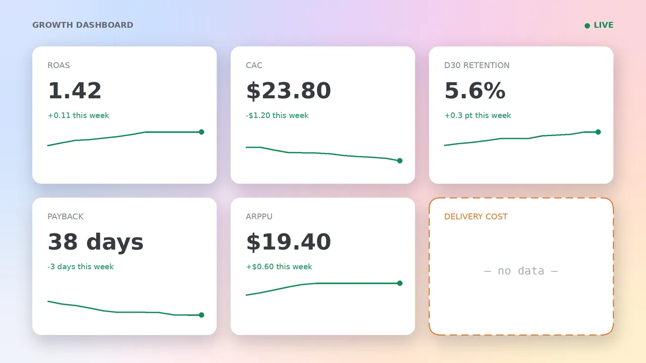 App growth dashboard with five healthy metrics: ROAS, CAC, retention, payback, ARPPU; and one empty tile: delivery cost, no data.