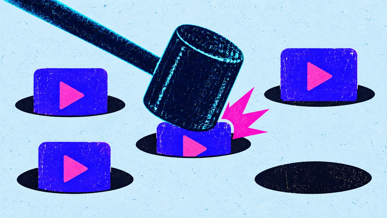 A dark mallet strikes one of several violet play-button tiles emerging from holes on a textured baby-blue field.